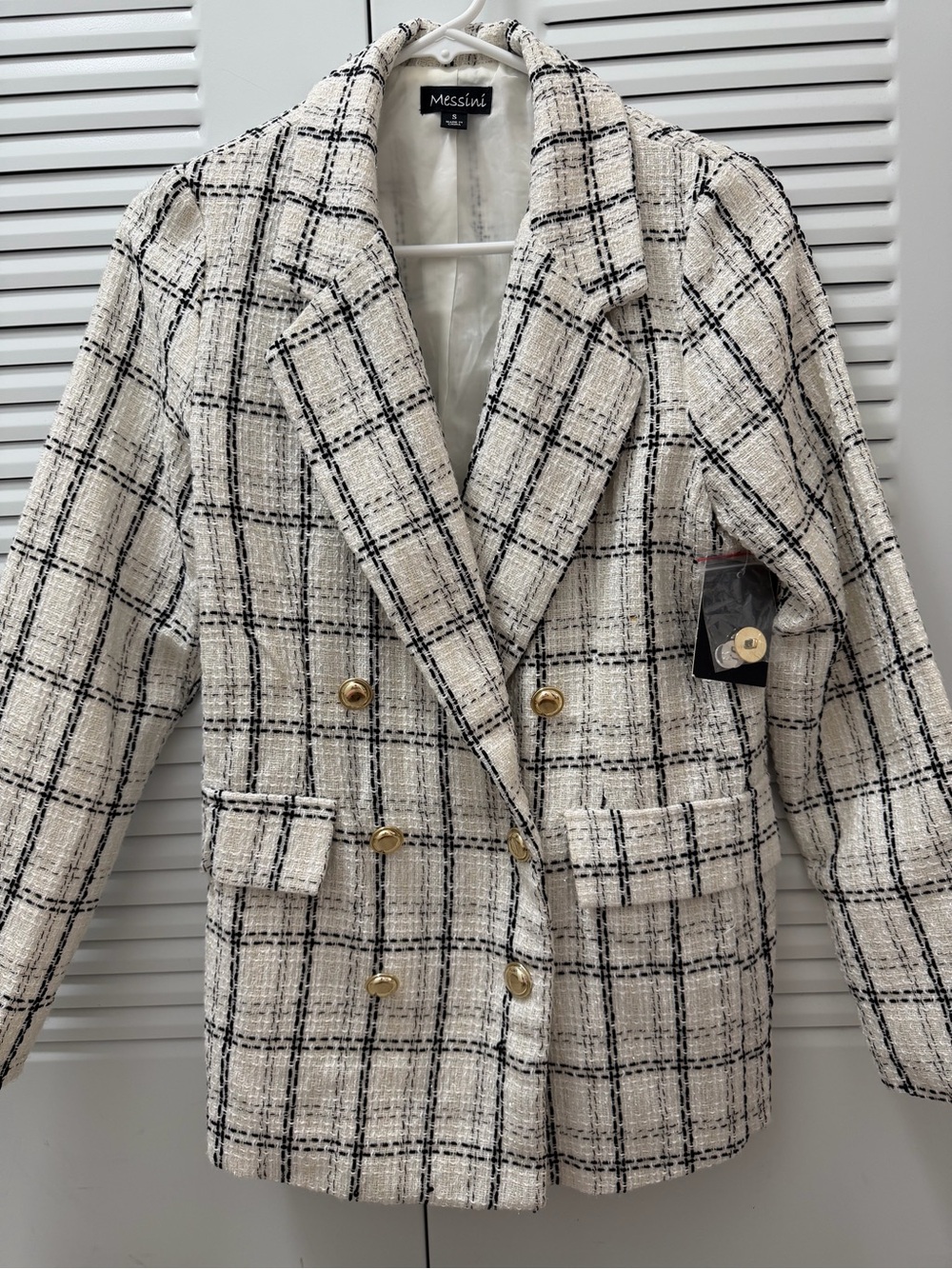 Messini Cream Plaid Double-Breasted Tweed Blazer.